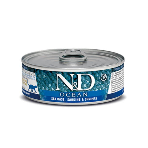 Farmina N&D Ocean Feline Sea Bass, Sardine & Shrimp Canned Cat Food, 2.46-oz Cans, Case of 24