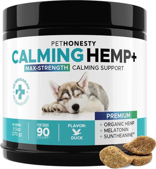 PetHonesty Hemp Calming Max Strength Duck Flavored Soft Chews Calming Supplement for Dogs, 90-count